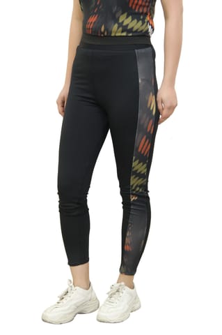 Solid Black Treggings With Broad Printed Stripes