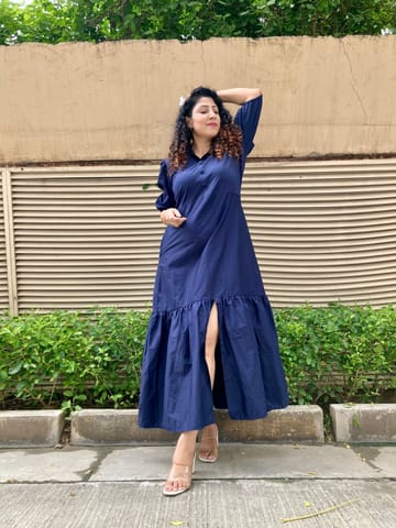 Plush Dark Blue Pocketed Cotton Maxi Dress