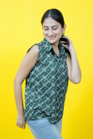 Bottle Green Printed Collar Top