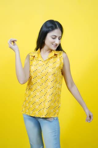 Yellow  Printed Collar Top