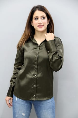 Solid Army Green Satin Shirt