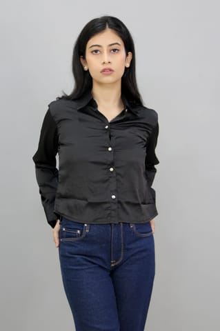 Solid Black Satin Crop Shirt