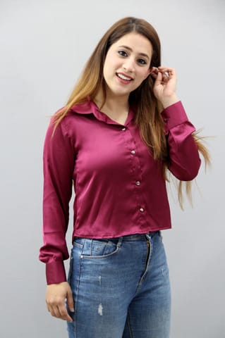 Solid Maroon Satin Crop Shirt